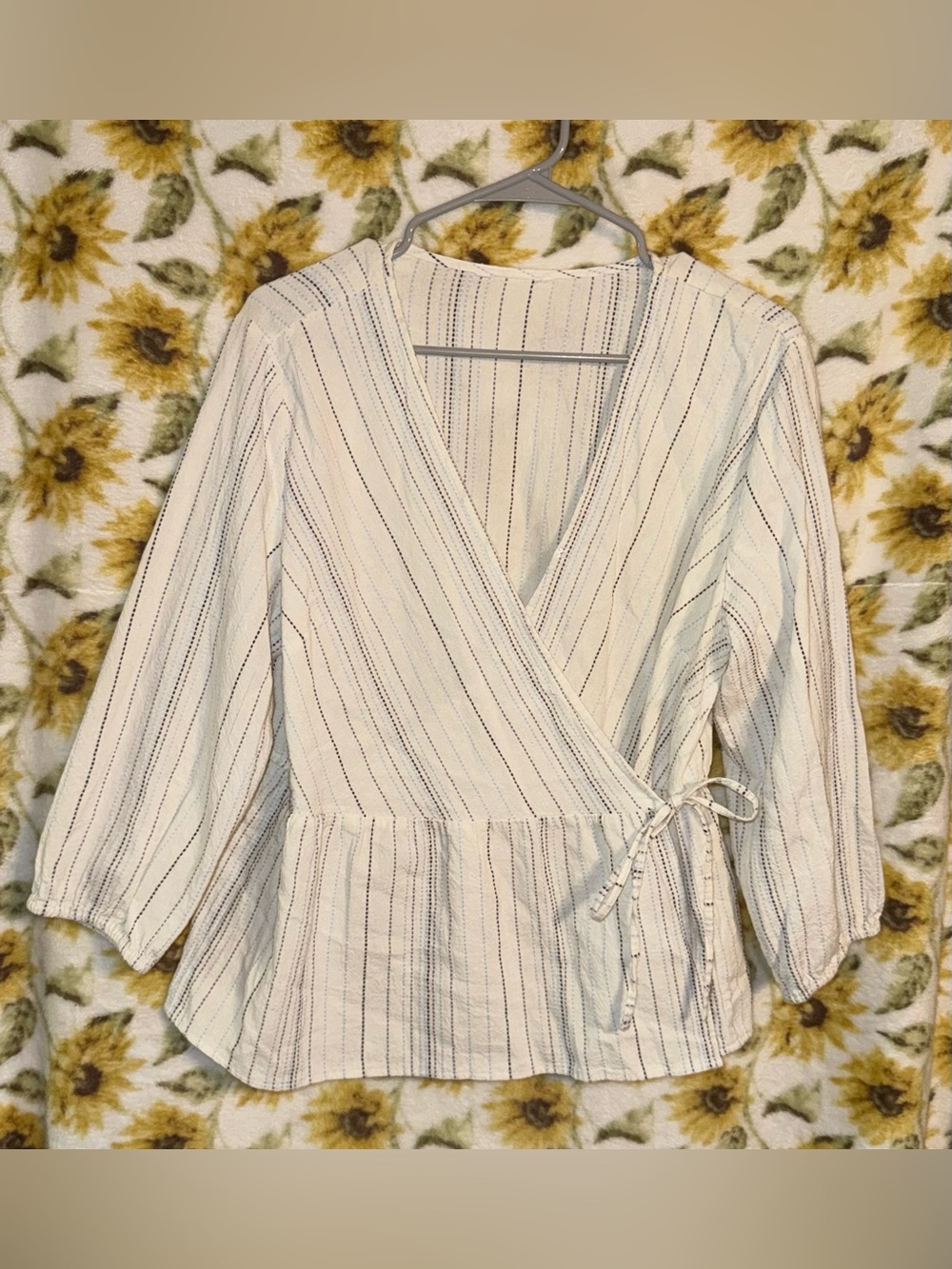 Time and Tru size large white stripe wrap blouse